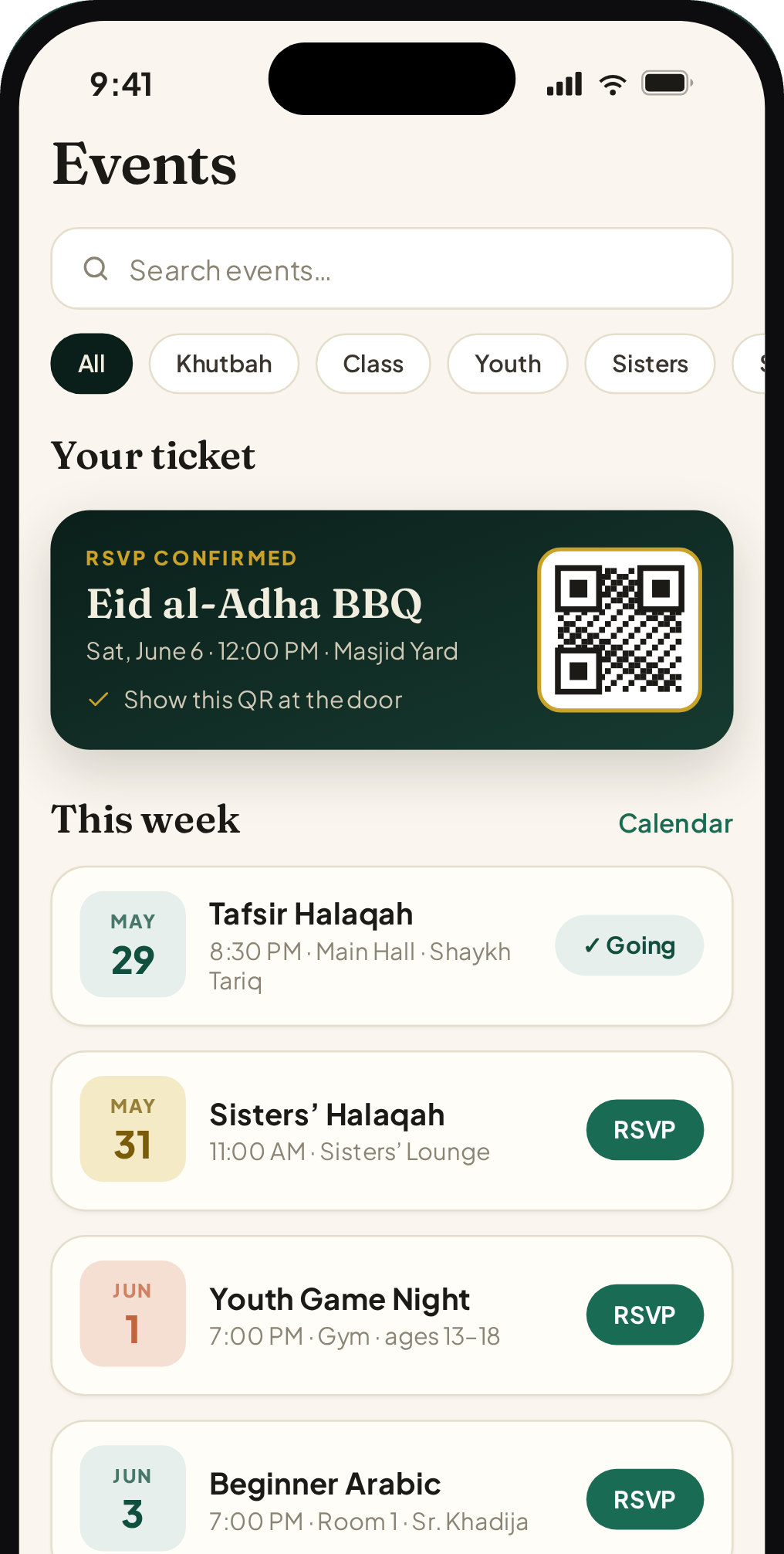 Events and RSVP ticket screen